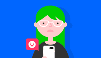 A teen holds their smartphone with a cyberbullying icon.